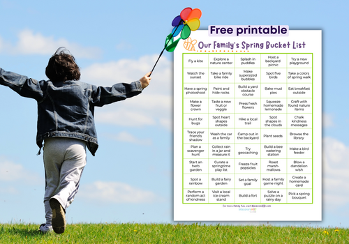 Printable spring bucket list for families with 50 fun activity ideas