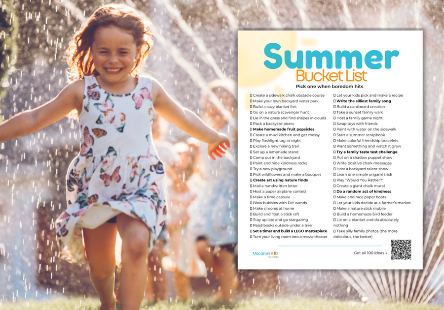 Child running through sprinklers with summer bucket list printable